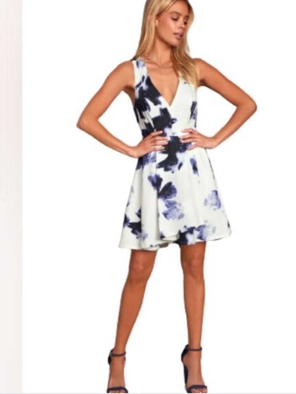 Lulus Seeing Chic Racerback Skater Dress In Blue & Ivory Abstract Print